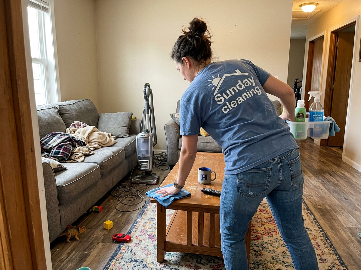 A Sunday Cleaning team member wiping down a coffee table in a lived-in living room, with a vacuum and cleaning supplies nearby.